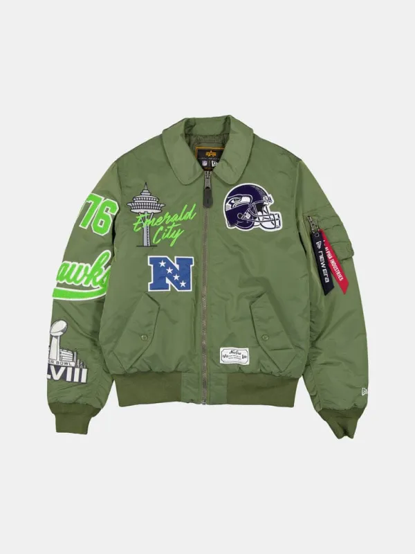 SEATTLE SEAHAWKS X ALPHA X NEW ERA MA-1 COLLARED BOMBER JACKET made by Alpha Industries