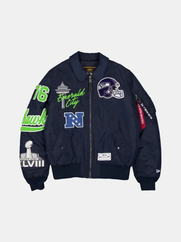 SEATTLE SEAHAWKS X ALPHA X NEW ERA MA-1 COLLARED BOMBER JACKET made by Alpha Industries