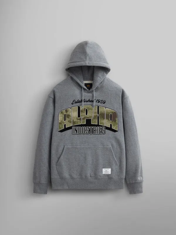 ALPHA CAMO LOGO HOODIE (MEDIUM CHARCOAL HEATHER) made by Alpha Industries