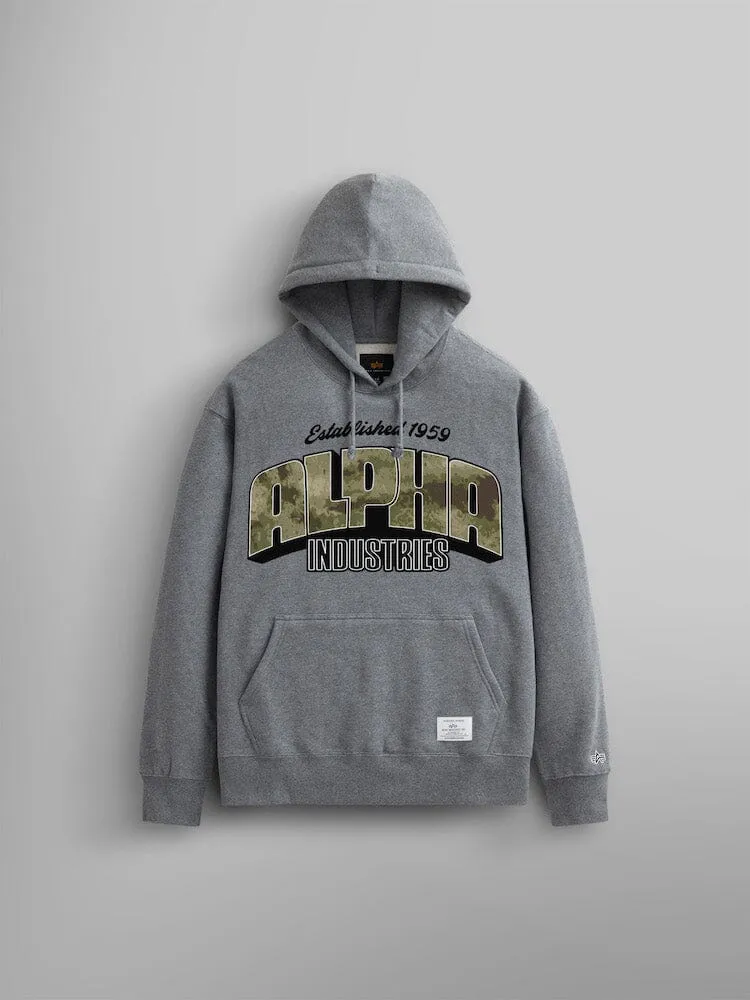 ALPHA CAMO LOGO HOODIE (MEDIUM CHARCOAL HEATHER) sold by Alpha Industries