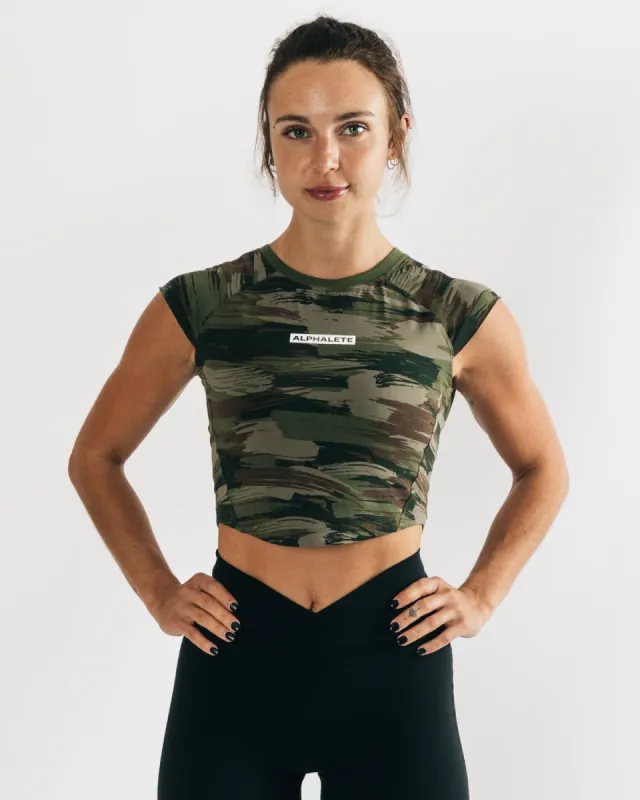 Velocity Crop Tee - Olive Canvas Camo sold by Alphalete