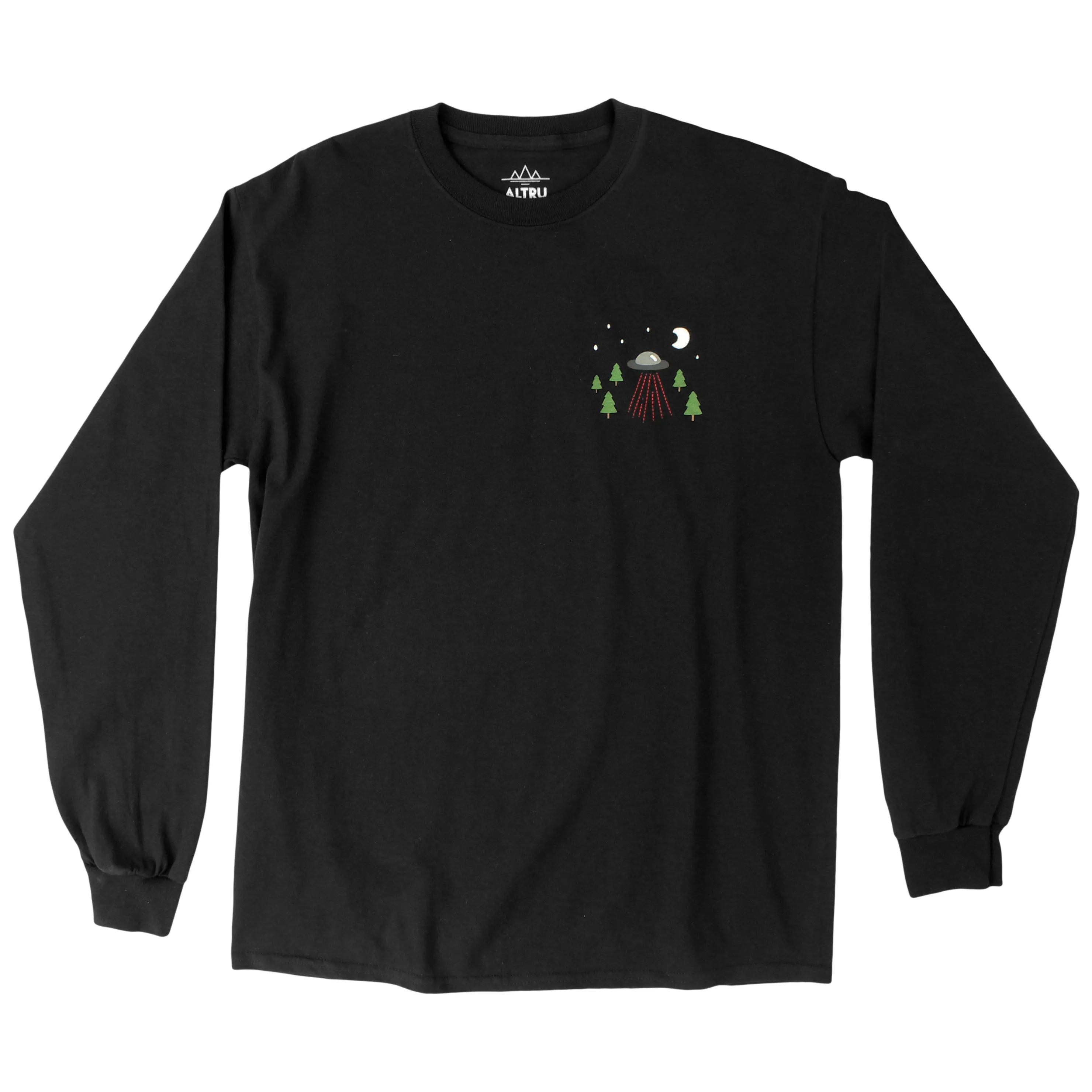 UFO VISIT, black graphic Long Sleeve tee by Altru Apparel sold by Altru