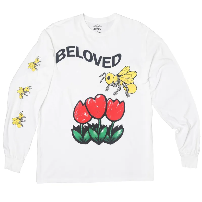 Beloved Tulips Bee L/S T-shirt graphic on front & right sleeve sold by Altru