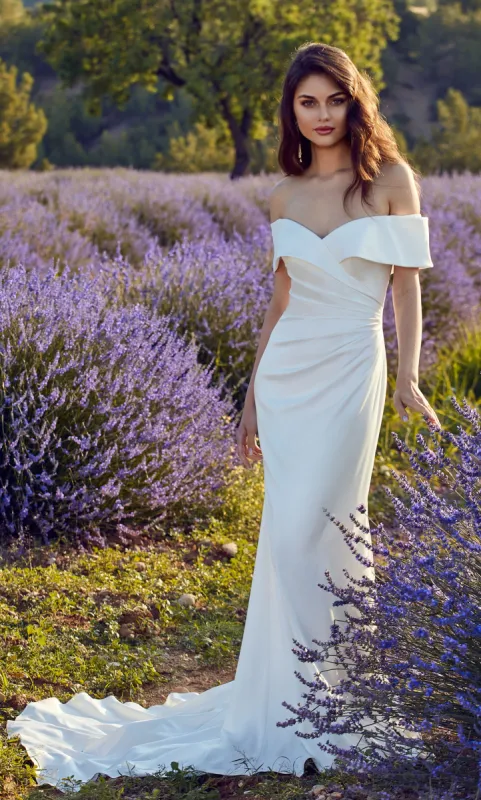 ALYCE Paris 7059 Bridal Off The Shoulder Neckline Simple Straight Dress made by Alyce Paris