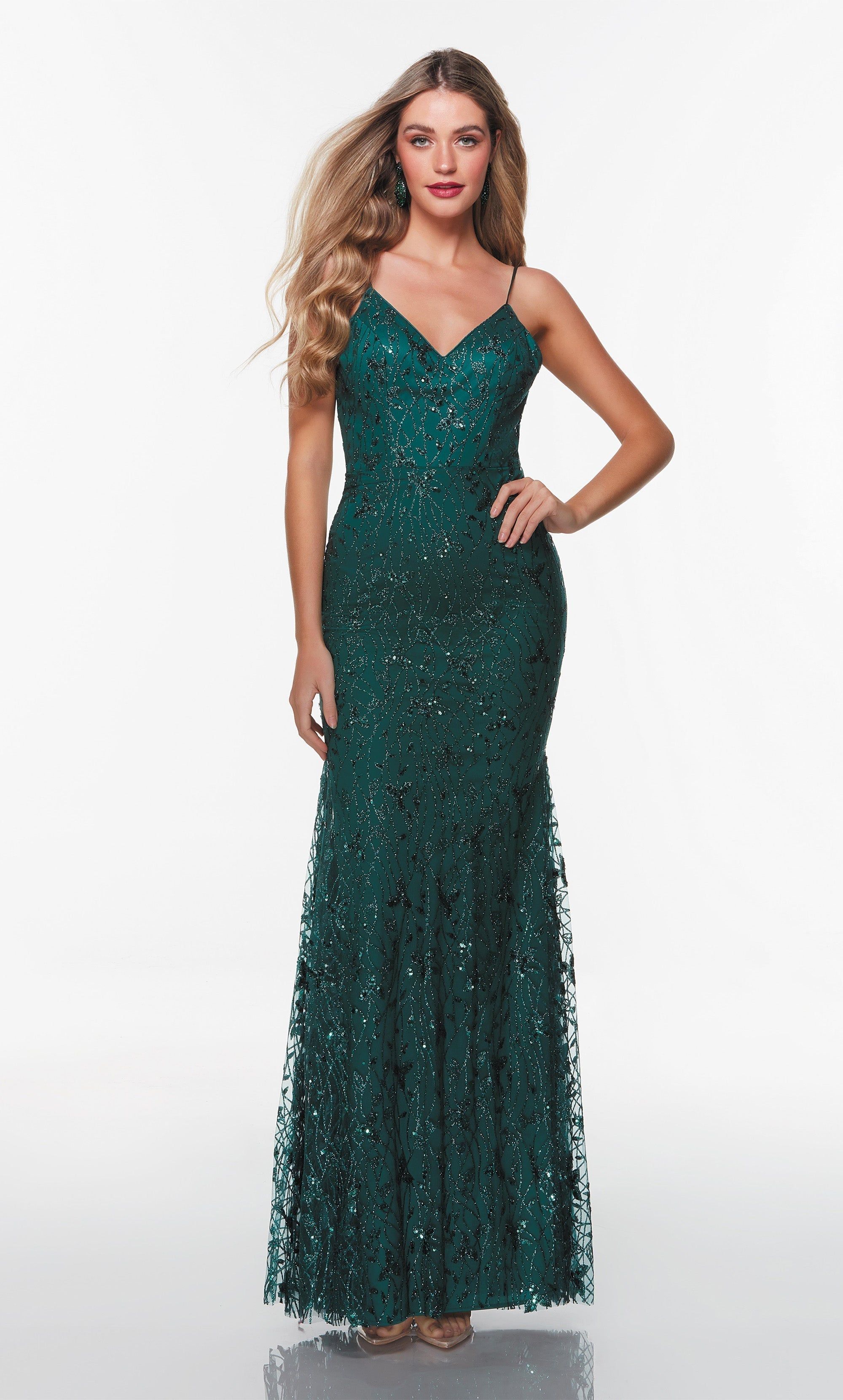 Formal Dress: 61283. Long Sparkly Prom Dress, V Neck, Fit N Flare, V Shaped Back sold by Alyce Paris