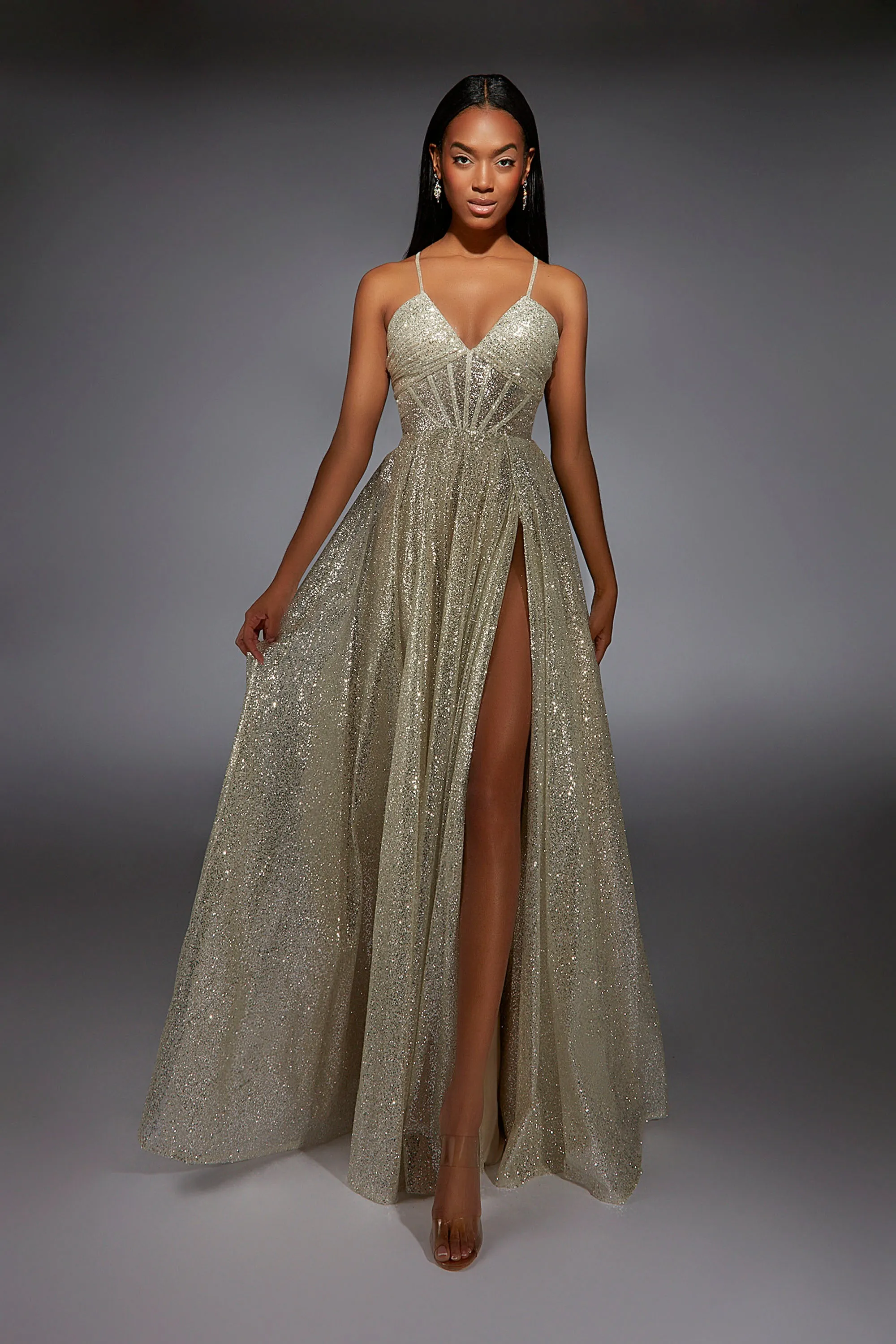 ALYCE Paris 61973 Alyce Long V-neck Shimmery/sparkly A Line Dress sold by Alyce Paris product image thumbnail 4