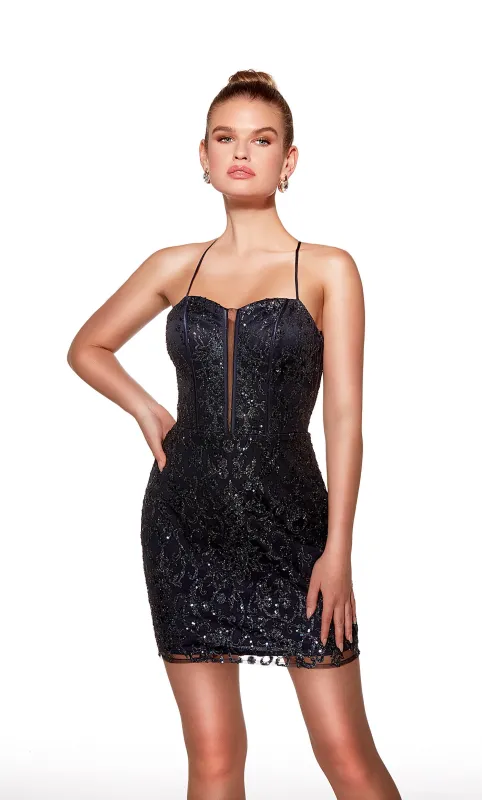 ALYCE Paris 40002 Homecoming Short Plunging Neckline Shimmery/sparkly Straight Dress sold by Alyce Paris