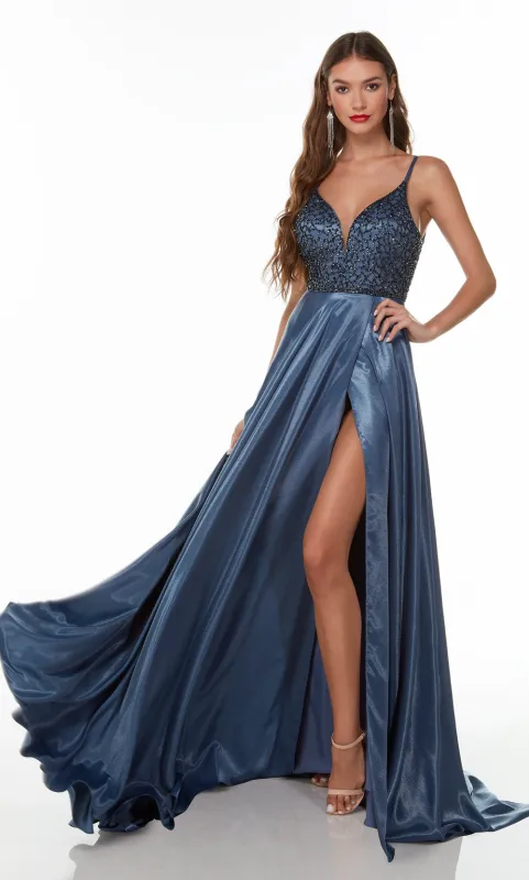ALYCE Paris 61197 Alyce Long Straight Across Embellished Flowy Dress made by Alyce Paris