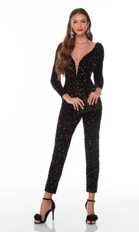 Formal Dress: 61217. Long Sparkly Jumpsuit, Plunging Neckline, Jumpsuit sold by Alyce Paris