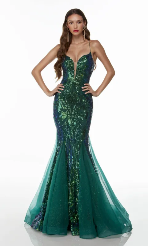 Formal Dress: 61201. Long Sparkly Dress, Plunging Neckline, Mermaid sold by Alyce Paris