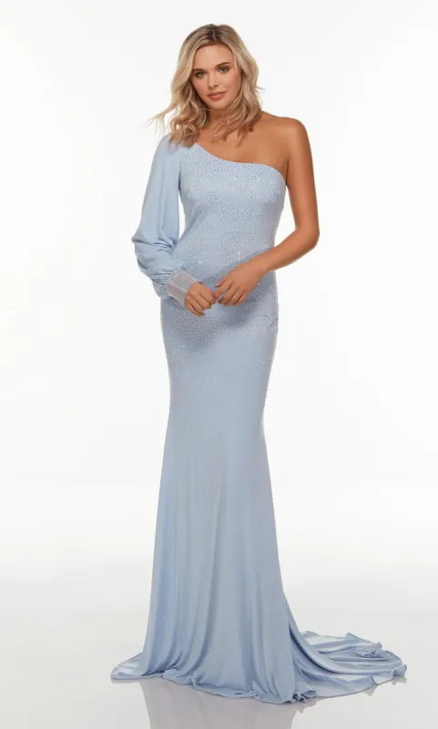 Formal Dress: 61151. Long One Sleeve Dress, One Shoulder, Fit N Flare sold by Alyce Paris