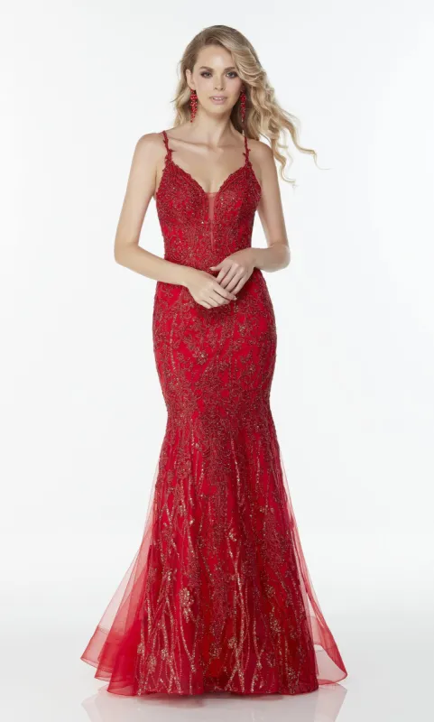 Formal Dress: 61135. Long Shimmer Dresses, Plunging Neckline, Fit N Flare sold by Alyce Paris