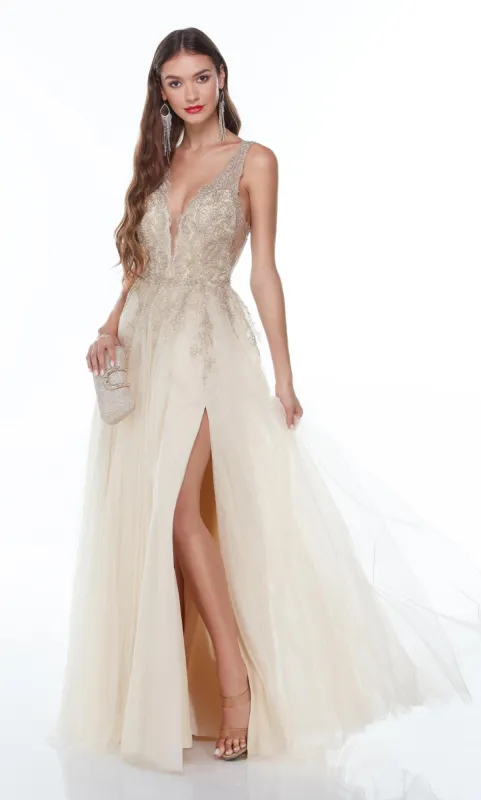 Formal Dress: 61072. Long Flowy Dress, Plunging Neckline, A-line sold by Alyce Paris