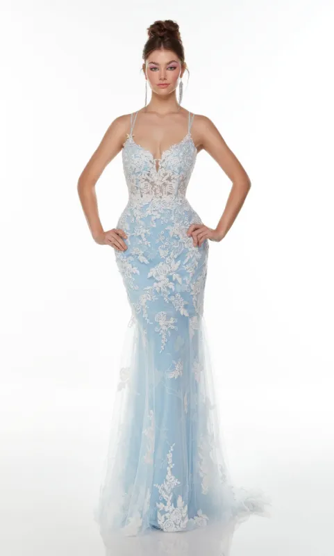 Formal Dress: 61067. Long Embroidered Dress, Plunging Neckline, Fit N Flare sold by Alyce Paris