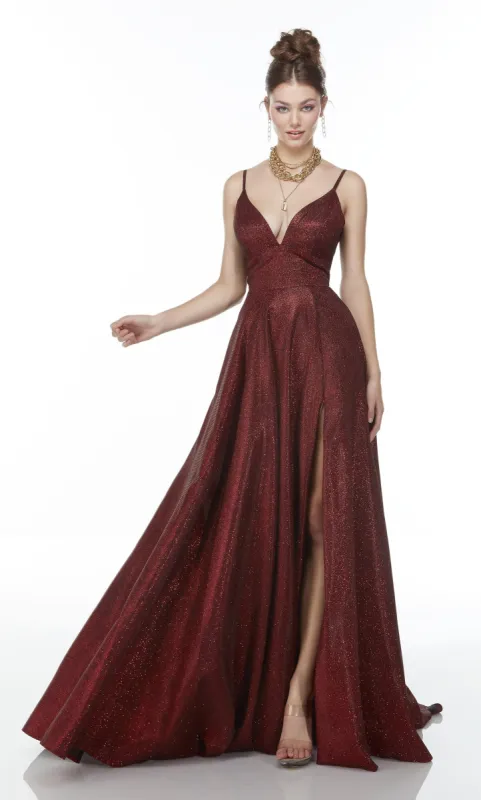 Formal Dress: 1717. Long Sparkly Dress, Plunging Neckline, A-line sold by Alyce Paris