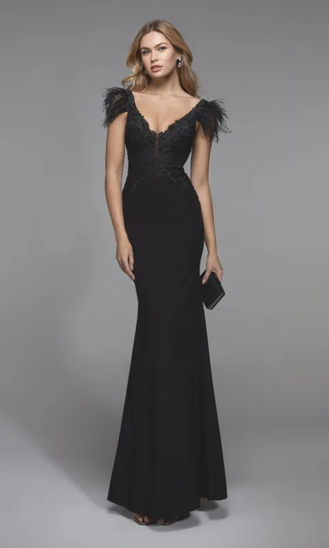 Formal Dress: 27543. Long Feather Dress, Plunging Neckline, Fit N Flare sold by Alyce Paris