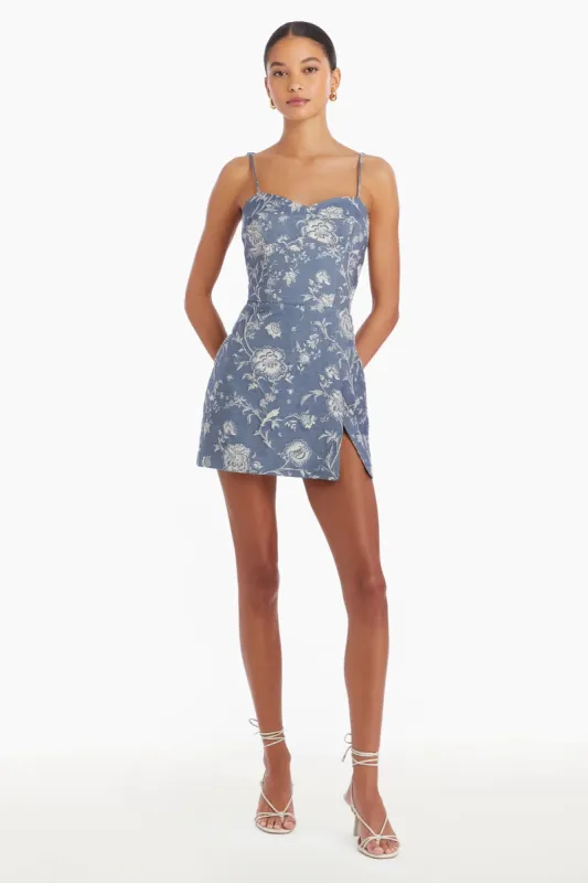 Taylor Skort Romper in Denim Brocade sold by Amanda Uprichard