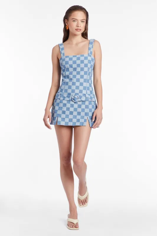 Rossi Romper in Checkerboard Denim sold by Amanda Uprichard