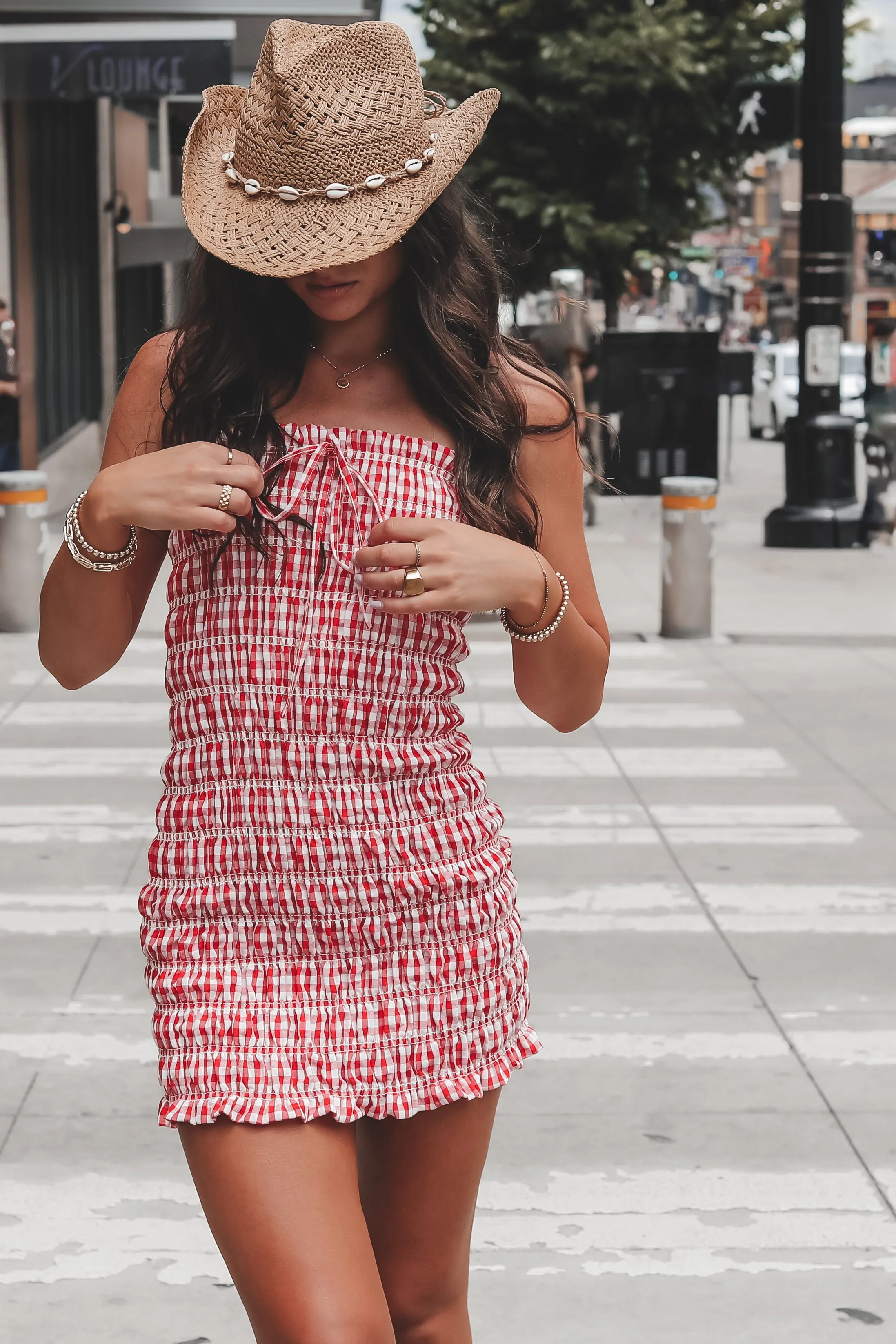 Something Spicy Ruched Red Gingham Dress sold by Amazing Lace