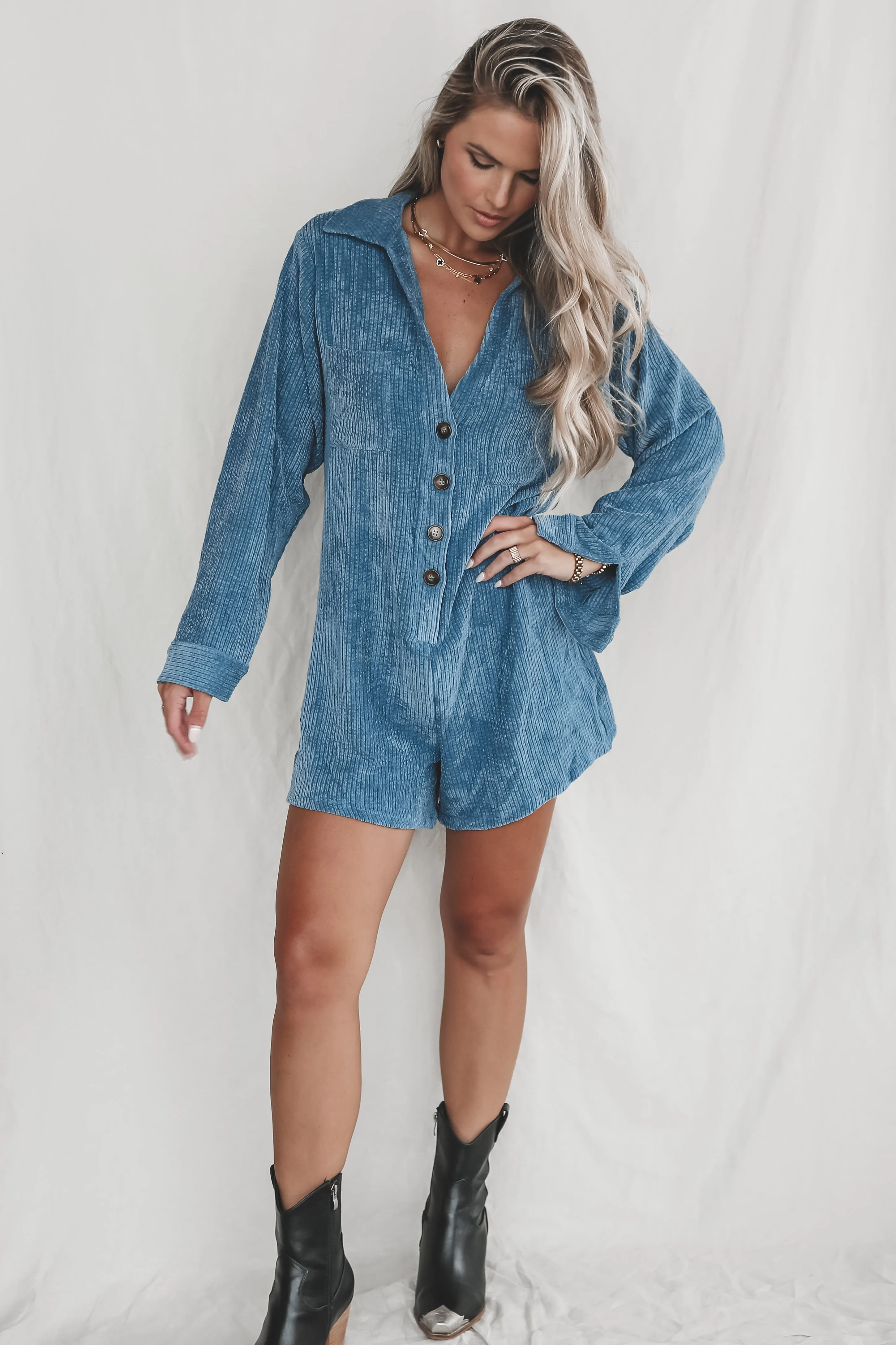 DEAL Bright And Early Blue Corduroy Romper sold by Amazing Lace product image thumbnail 3