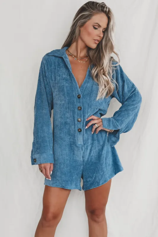 DEAL Bright And Early Blue Corduroy Romper sold by Amazing Lace