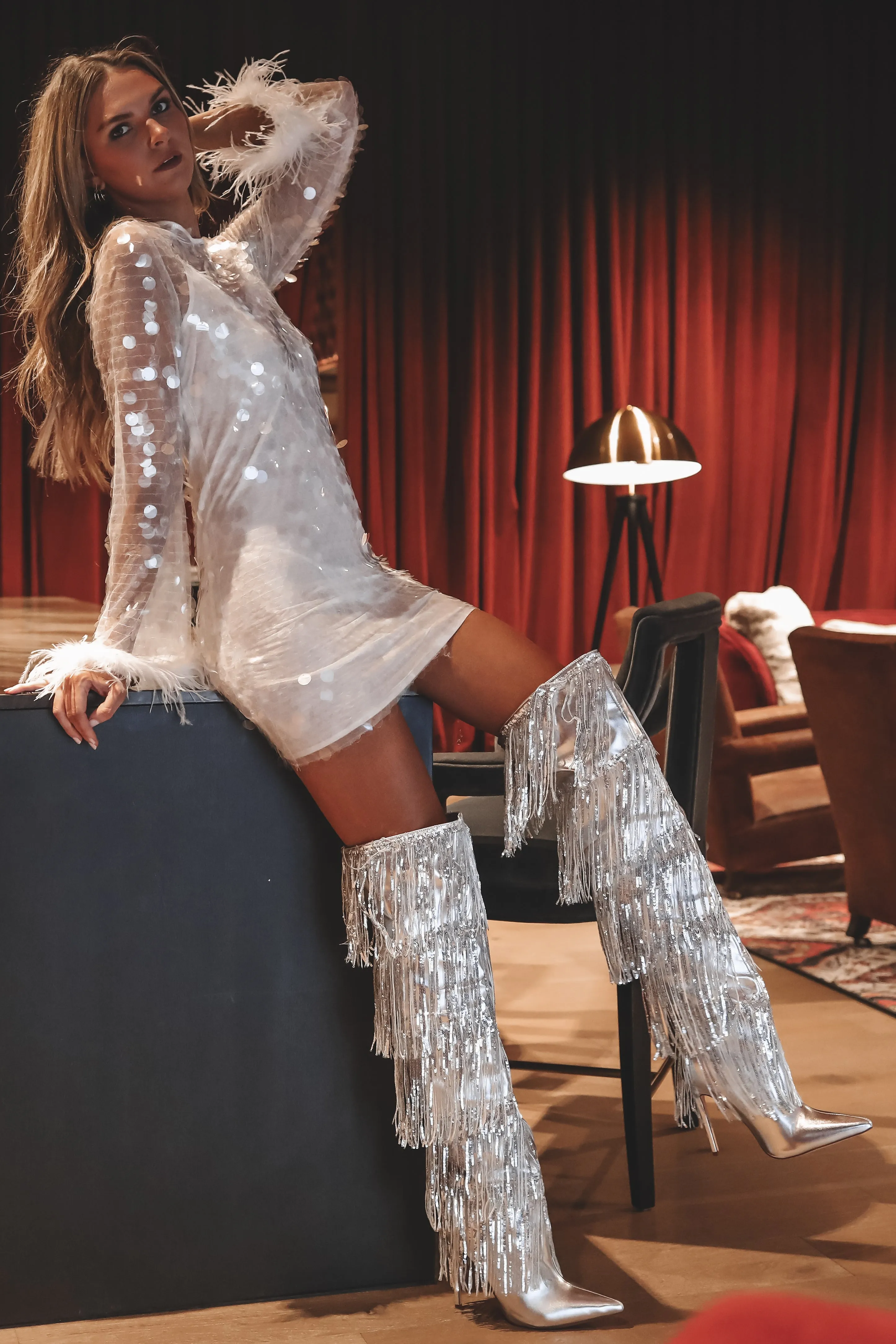 DEAL Shake Shake Shake It Silver Fringe Over The Knee Boots sold by Amazing Lace product image thumbnail 3