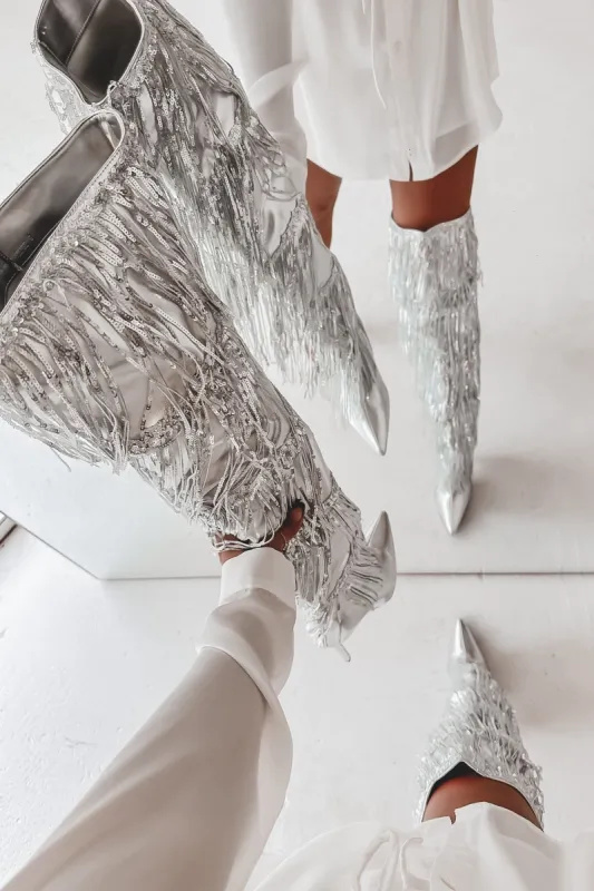 DEAL Shake Shake Shake It Silver Fringe Over The Knee Boots sold by Amazing Lace