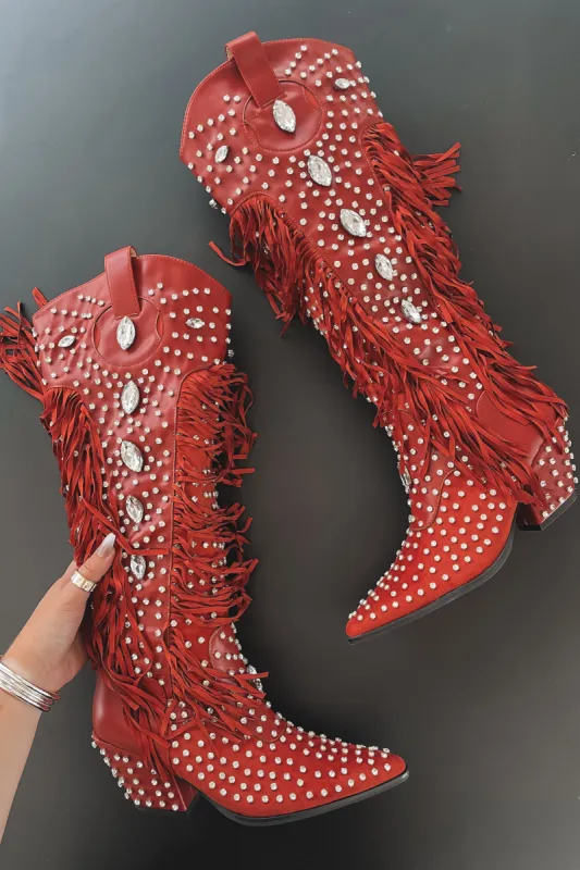 Caught You Staring Burnt Red Rhinestone Studded Fringe Western Boots sold by Amazing Lace