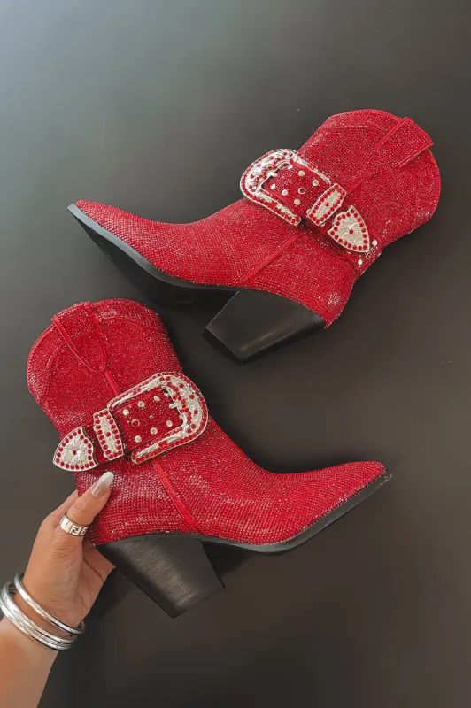DEAL Look At Me Red Rhinestone Buckle Boots sold by Amazing Lace