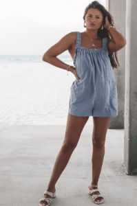 Dancing In The Sand Denim Romper sold by Amazing Lace