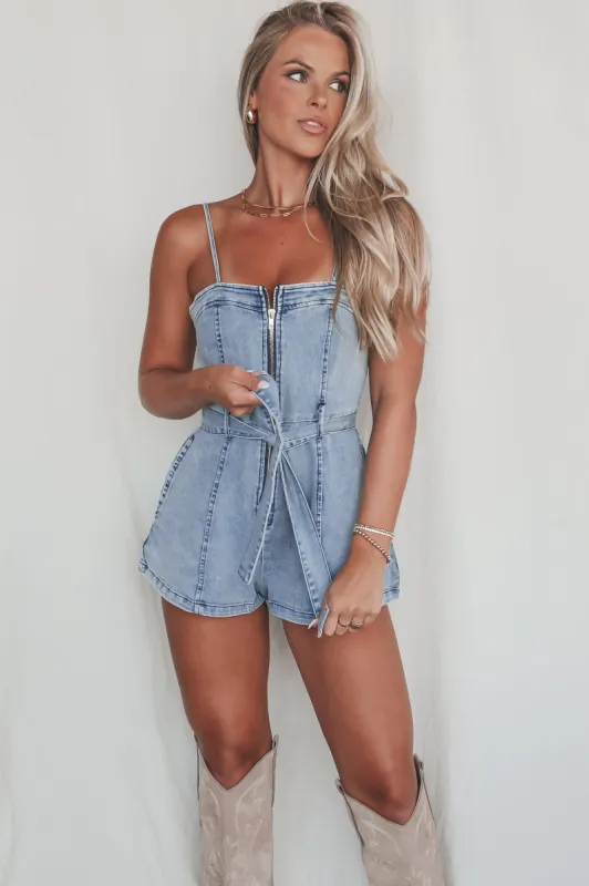 The Perfect Fit Denim Tie Romper sold by Amazing Lace