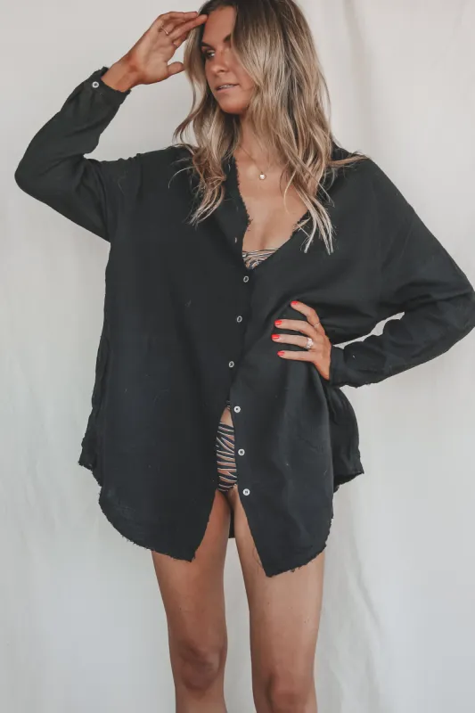 The Job Is Beach Black Linen Button Up Shirt sold by Amazing Lace