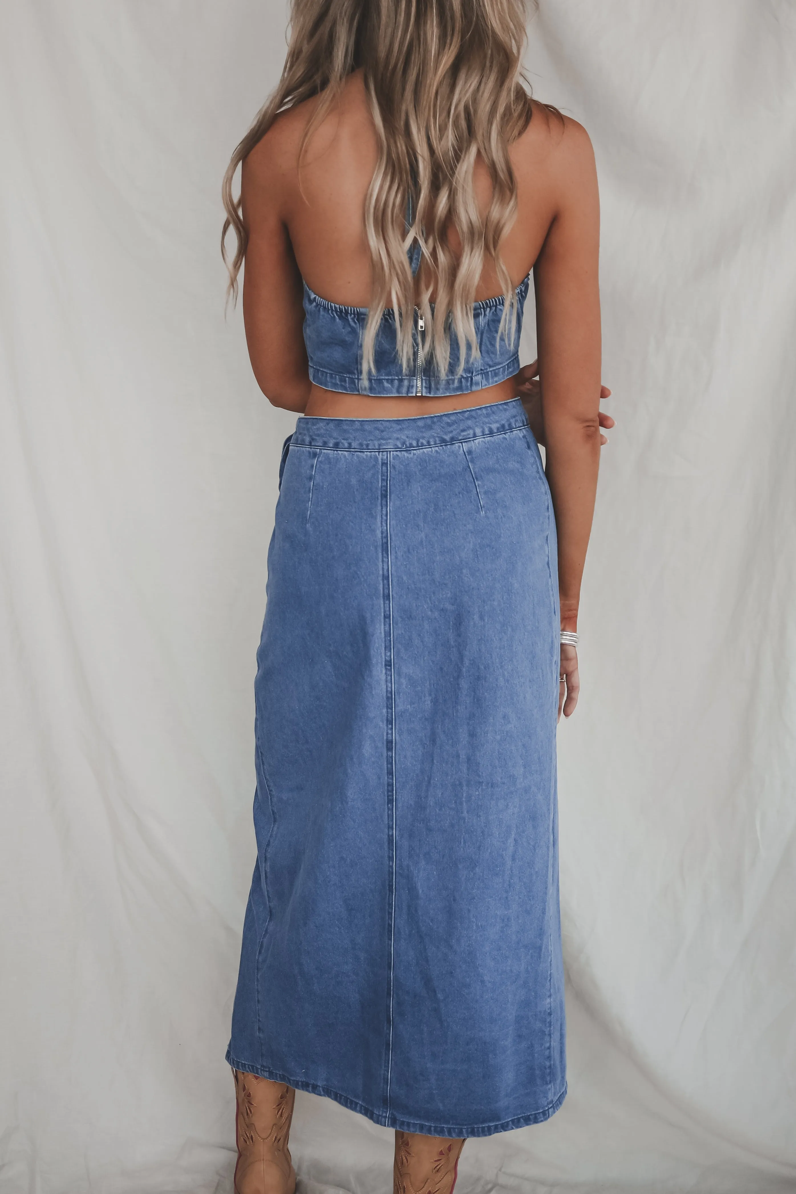 Shower Me With Flowers Denim Two Piece Skirt Set sold by Amazing Lace product image thumbnail 3