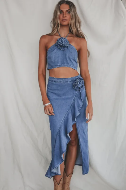 Shower Me With Flowers Denim Two Piece Skirt Set sold by Amazing Lace