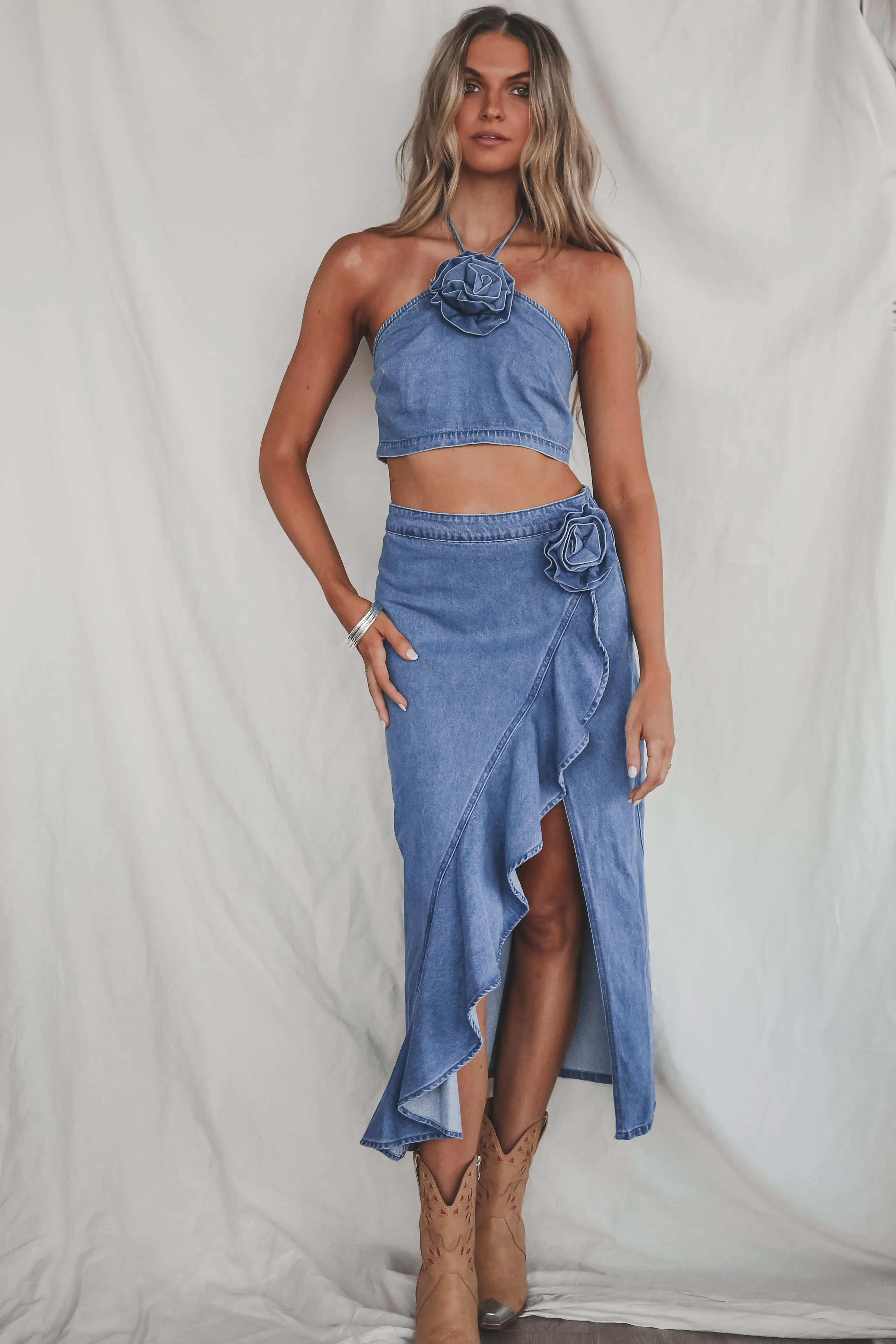 Shower Me With Flowers Denim Two Piece Skirt Set sold by Amazing Lace product image thumbnail 4