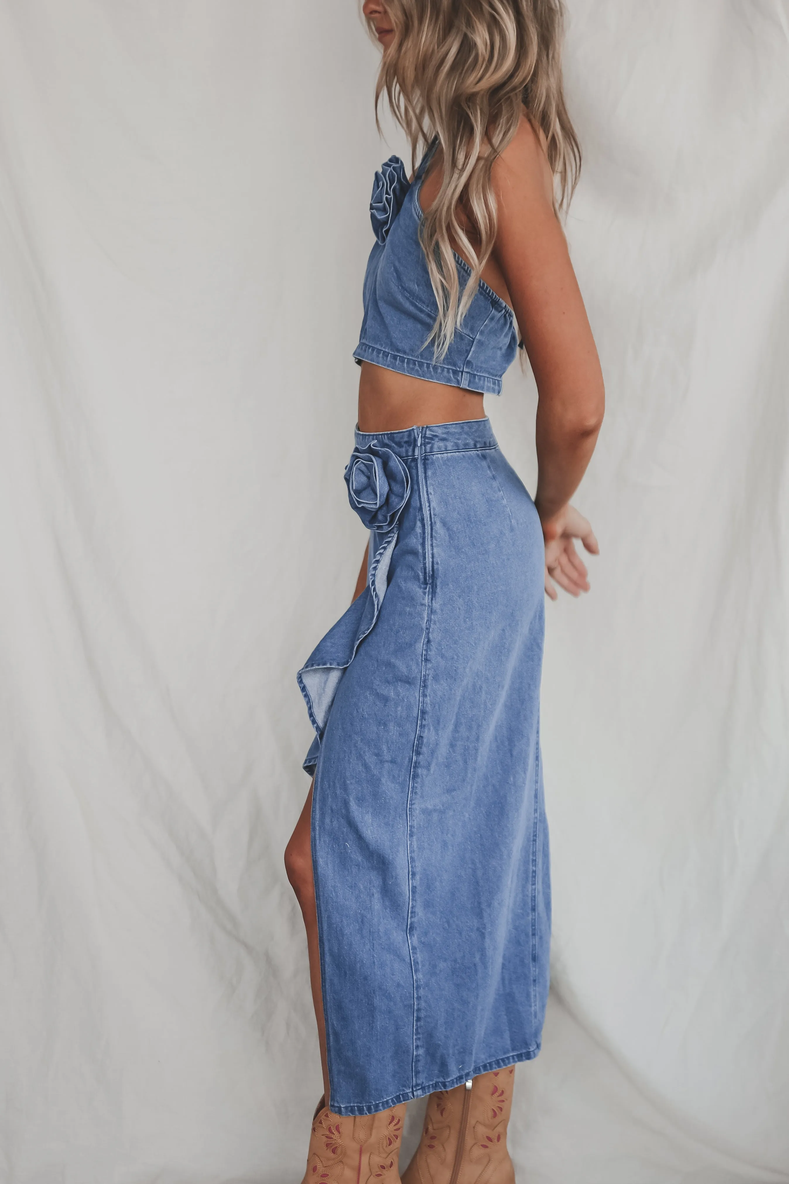 Shower Me With Flowers Denim Two Piece Skirt Set sold by Amazing Lace product image thumbnail 2