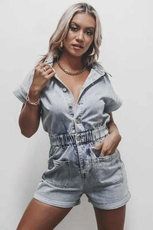 Dance With Me Anywhere Denim Button Up Romper sold by Amazing Lace