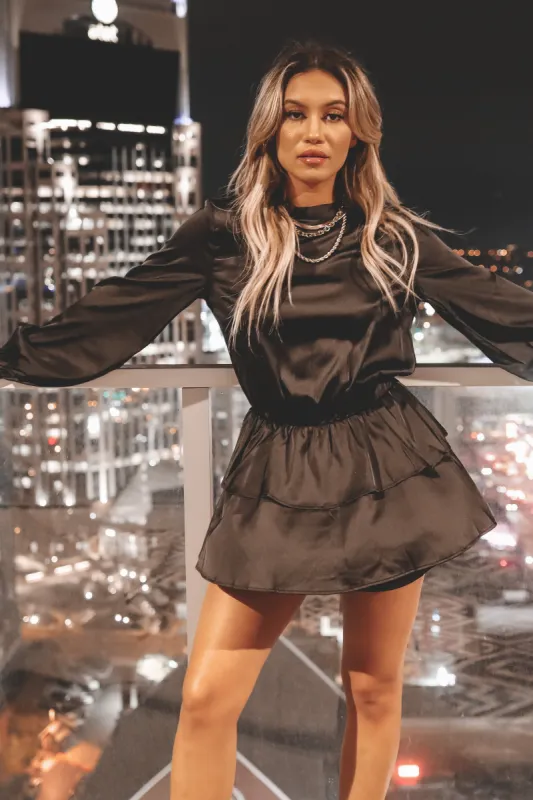 Sure Thing Satin Tiered Long Sleeve Romper sold by Amazing Lace