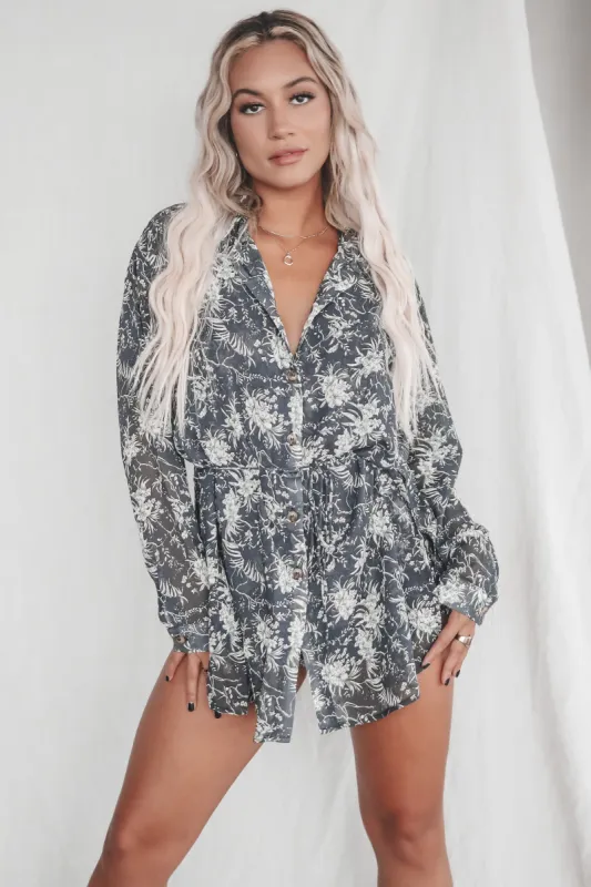 Here For It Charcoal Floral Romper sold by Amazing Lace