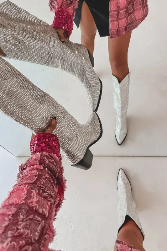 Disco Cowgirl Silver Jeweled Boots sold by Amazing Lace