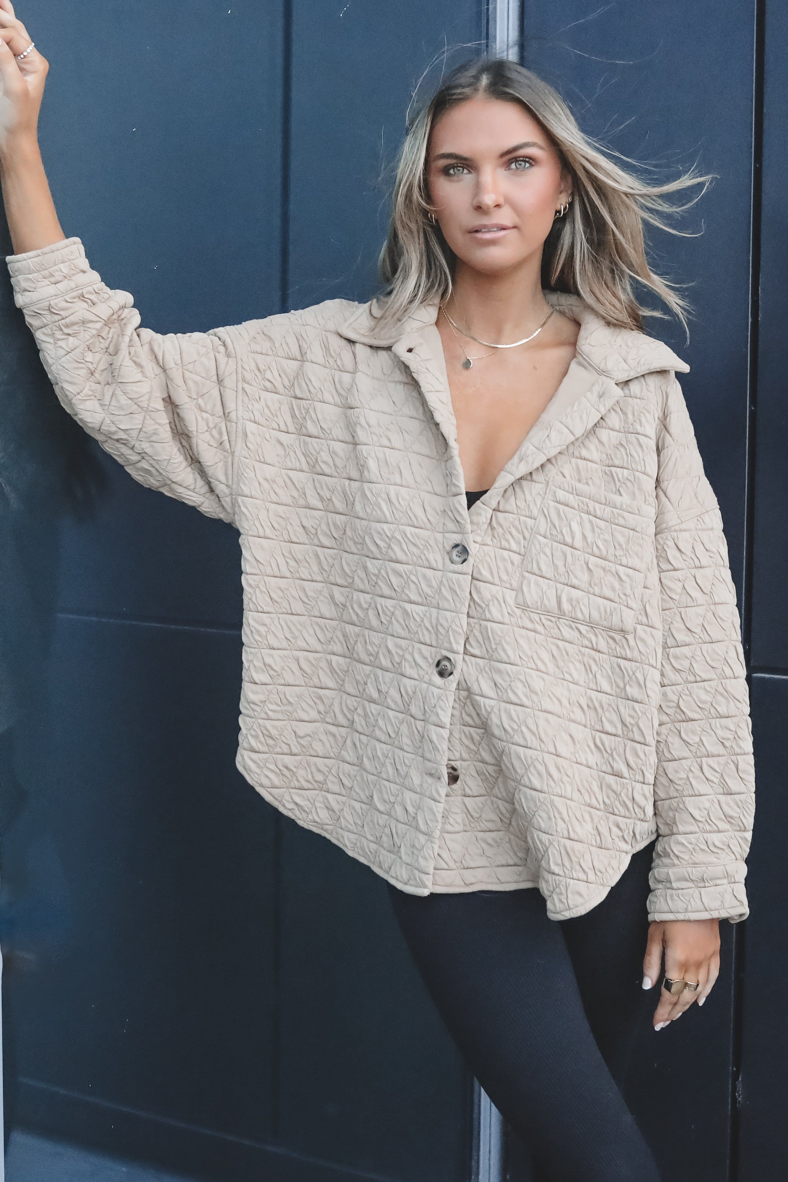 Moutian Side View Taupe Quilted Shacket sold by Amazing Lace