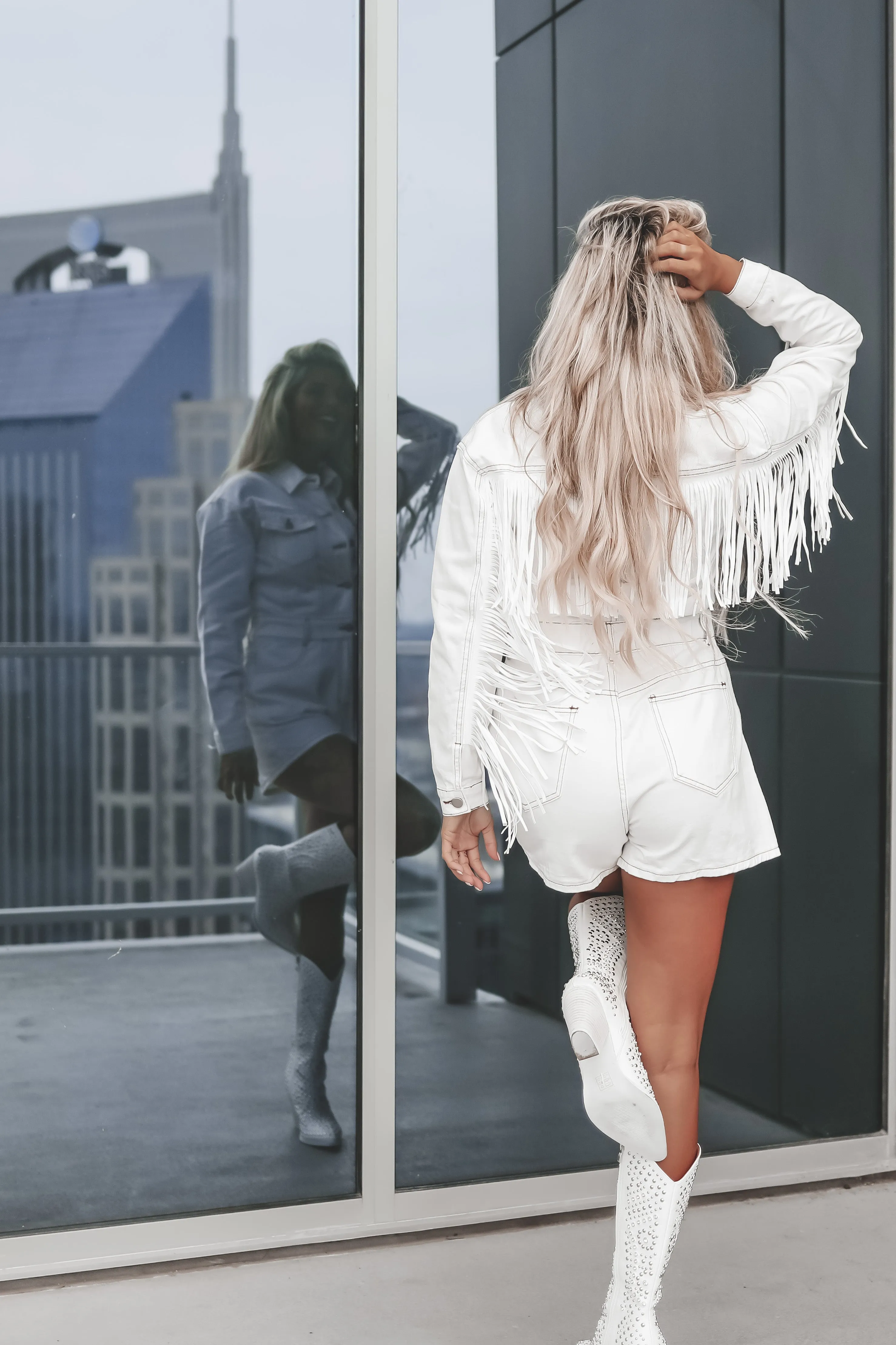 A Match Made In Heaven White Denim Fringe Romper sold by Amazing Lace product image thumbnail 4