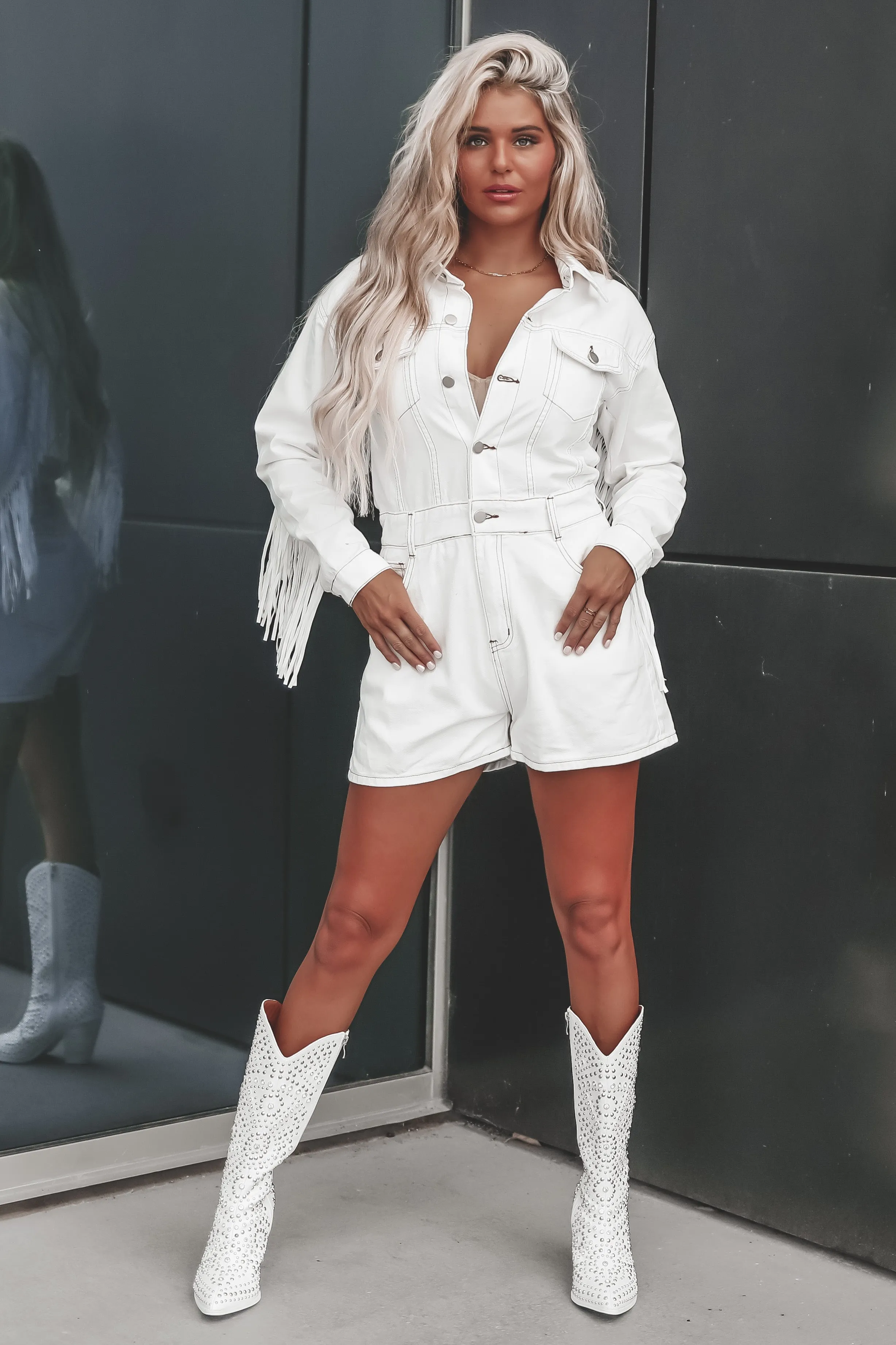 A Match Made In Heaven White Denim Fringe Romper sold by Amazing Lace product image thumbnail 3