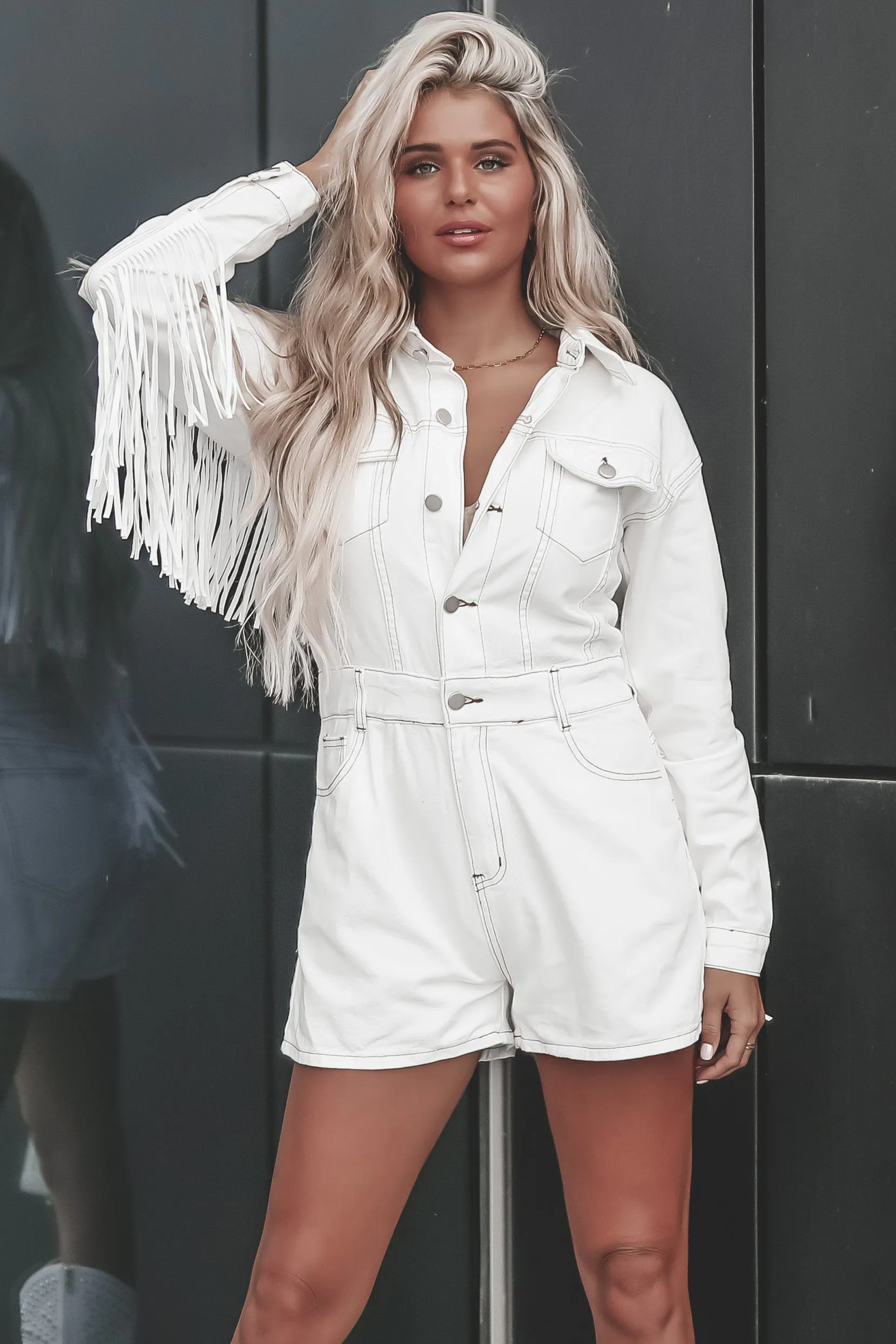 A Match Made In Heaven White Denim Fringe Romper sold by Amazing Lace