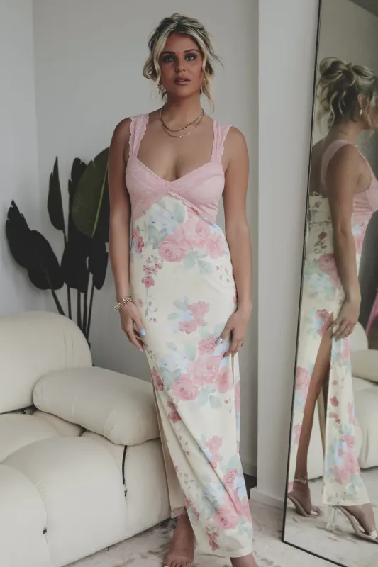On My Pretty Behavior Mesh Floral Maxi sold by Amazing Lace
