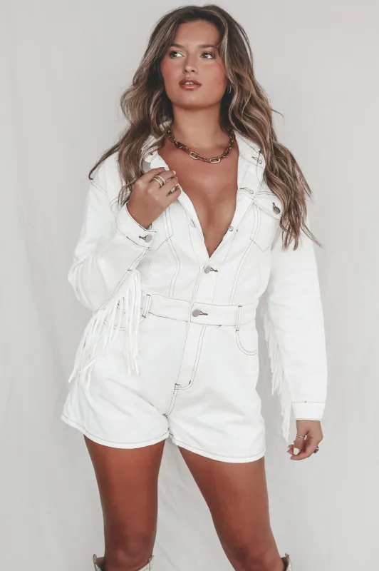 A Match Made In Heaven Denim Fringe Romper sold by Amazing Lace
