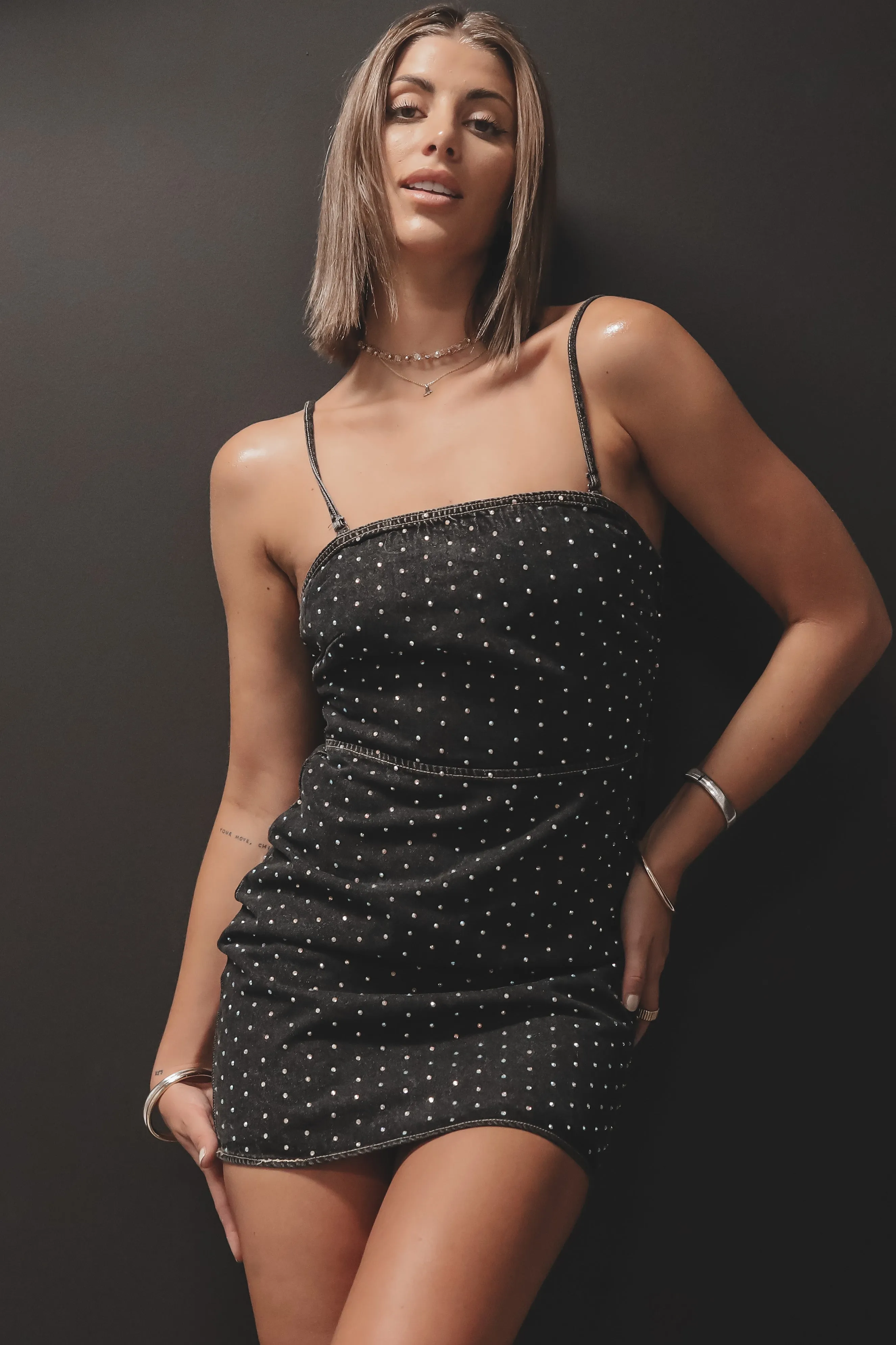 A Little Denim And A Little Sparkle Fitted Mini Dress sold by Amazing Lace