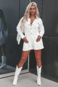 A Match Made In Heaven Denim Fringe Romper sold by Amazing Lace