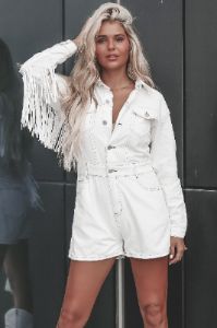 A Match Made In Heaven Denim Fringe Romper sold by Amazing Lace