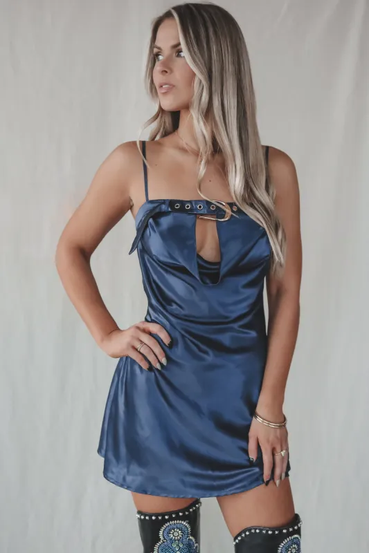 DEAL Hooked On You Buckle Satin Slip Mini Dress sold by Amazing Lace